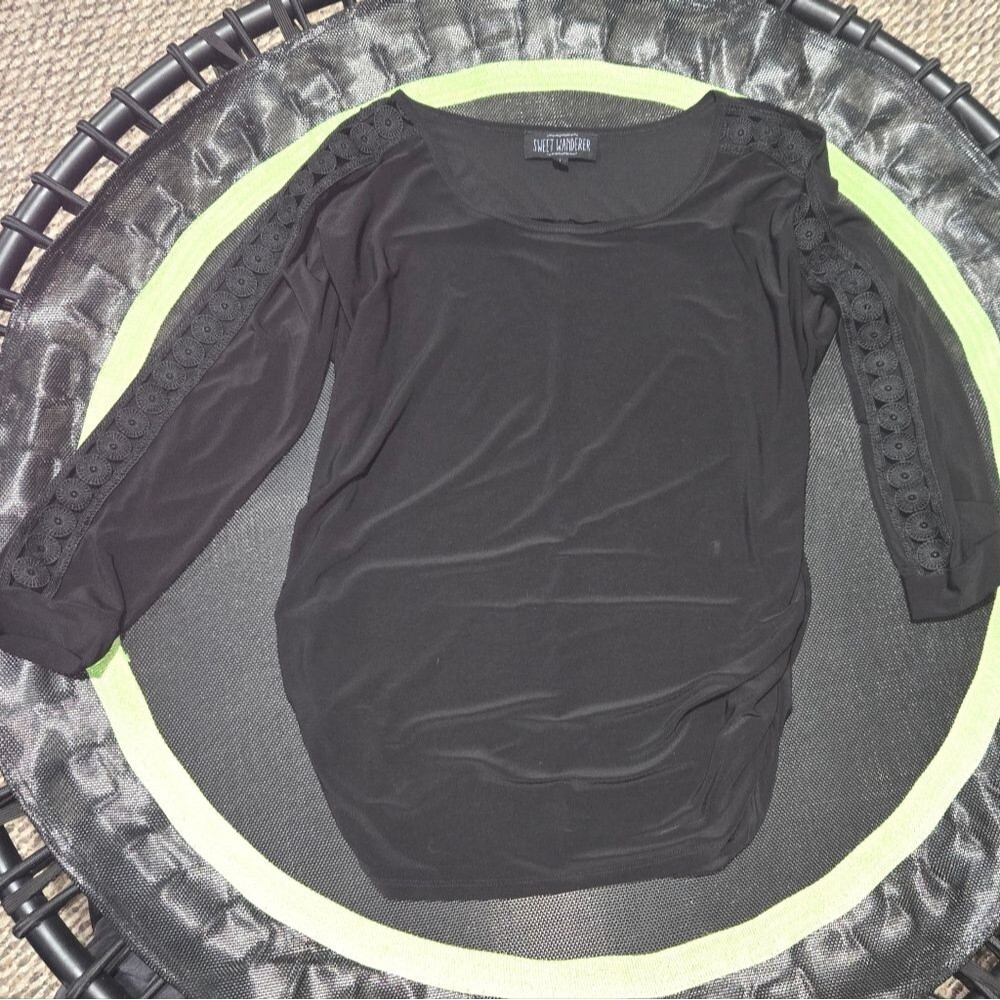 Sweet Wanderer Black Long Sleeve Top with Lace Sleeve Detail